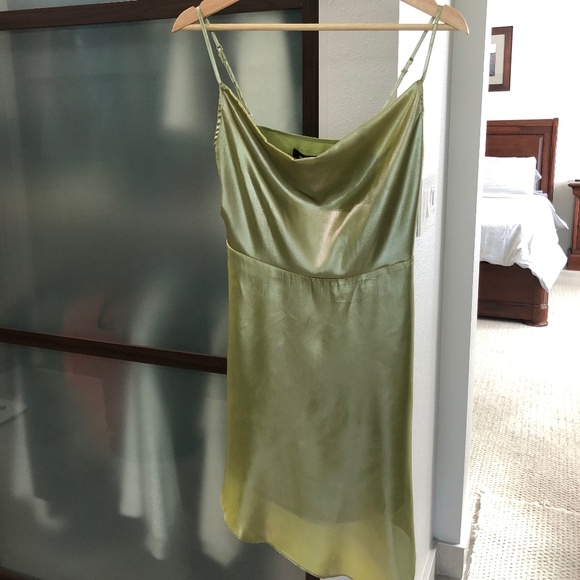 Urban Outfitters "Mallory" Asymmetric Slip Dress - Metallic Lime Green Size S - Picture 4 of 13